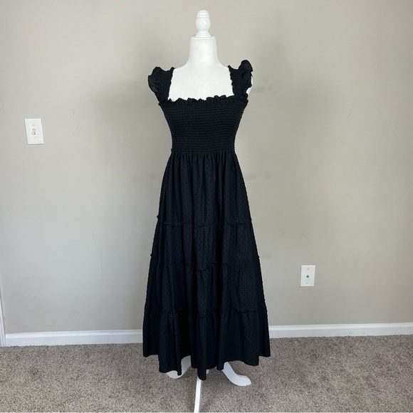 CAARA CALYPSO TIERED MIDI SUNDRESS SMOCKED BODICE FLUTTER STRAPS BLACK LARGE - Picture 4 of 15